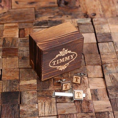 Image of Personalized Mens Classic Square Wood Cuff Links and Square Wood Tie Clip - Cuff Links - Tie Clip Set
