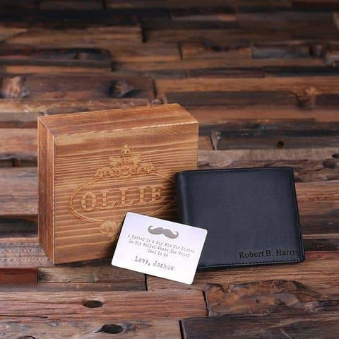 Image of Personalized Monogrammed Engraved Genuine Leather Bifold Mens Wallet with Wallet Card and Wood Box - Wallets & Gift Box