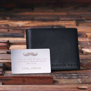 Personalized Monogrammed Engraved Genuine Leather Bifold Mens Wallet with Wallet Card and Wood Box - Wallets & Gift Box