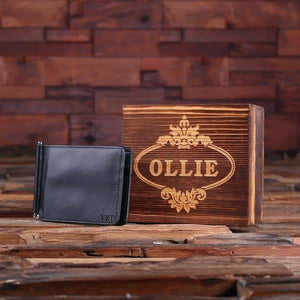 Personalized Monogrammed Engraved Leather Bifold Mens Travel Wallet Money Clip with Wood Gift Box Groomsmen Best Man - Wallets & Gift Box
