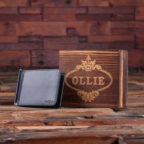 Image of Personalized Monogrammed Engraved Leather Bifold Mens Travel Wallet Money Clip with Wood Gift Box Groomsmen Best Man - Wallets & Gift Box