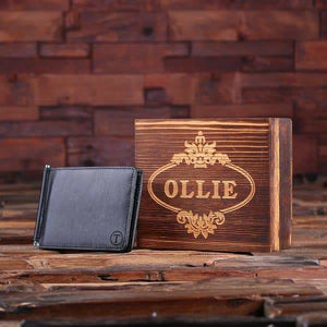 Personalized Monogrammed Engraved Leather Bifold Mens Travel Wallet Money Clip with Wood Gift Box Groomsmen Best Man - Wallets & Gift Box