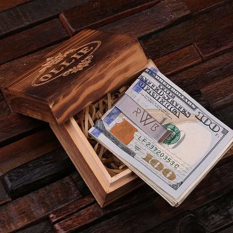 Image of Personalized Monogrammed Money Clip Polished Stainless Steel with Wood Box - Assorted - Mens Gifts