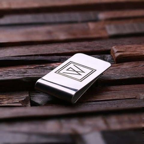 Image of Personalized Monogrammed Money Clip Polished Stainless Steel with Wood Box - Assorted - Mens Gifts