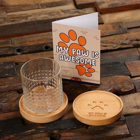 Image of Personalized Paw Print Wood Coaster Set with Gift Card - Assorted Fathers Day