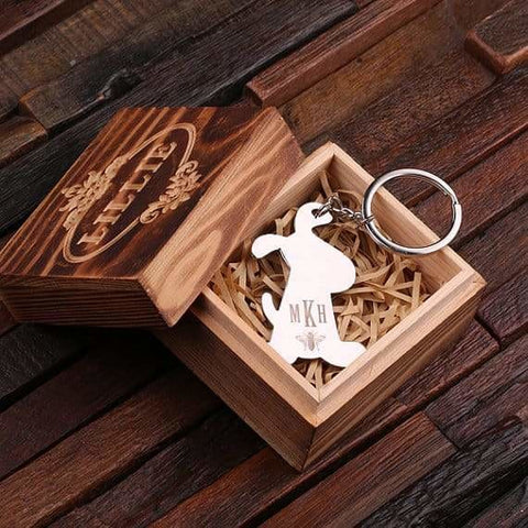 Image of Personalized Polished Stainless Steel Key Chain Dog Charm w/Box - Key Chains & Gift Box