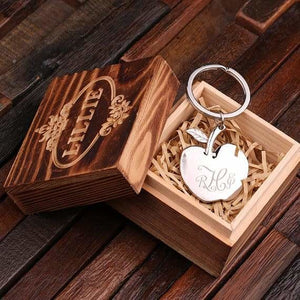 Personalized Polished Stainless Steel Key Chain Long Stem Apple w/Box - Key Chains & Gift Box