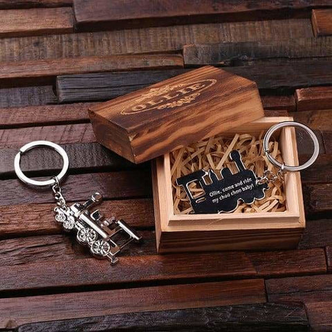 Image of Personalized Polished Stainless Steel Key Chain Train Conductor w/Box - Key Chains & Gift Box