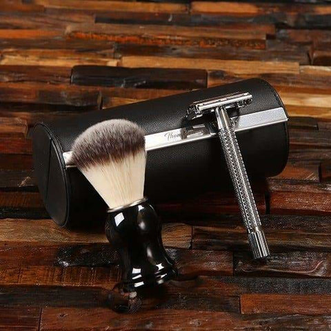 Image of Personalized Razor Brush & Faux Leather Case Shaving Set - Assorted - Groomsmen