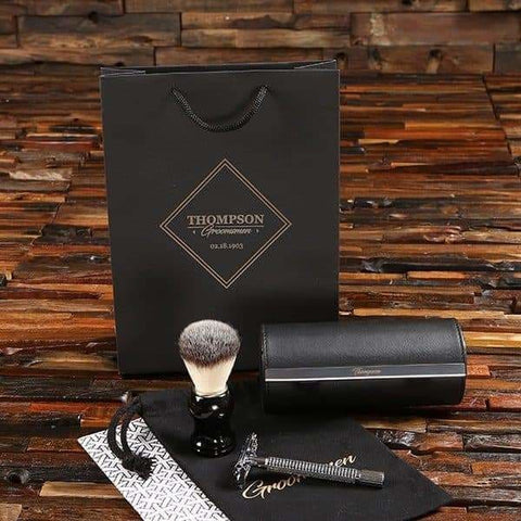 Image of Personalized Razor Brush & Faux Leather Case Shaving Set - Assorted - Groomsmen