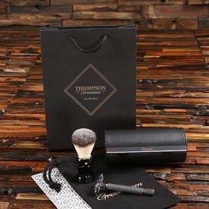 Personalized Razor Brush & Faux Leather Case Shaving Set - Assorted - Groomsmen