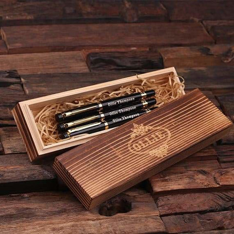 Image of Personalized Set of 3 Metal Pens Gold or Silver Hardware with Wood Gift Box - Writing - Pens