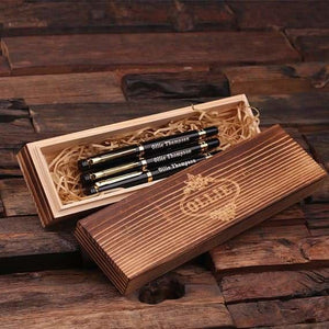 Personalized Set of 3 Metal Pens Gold or Silver Hardware with Wood Gift Box - Writing - Pens