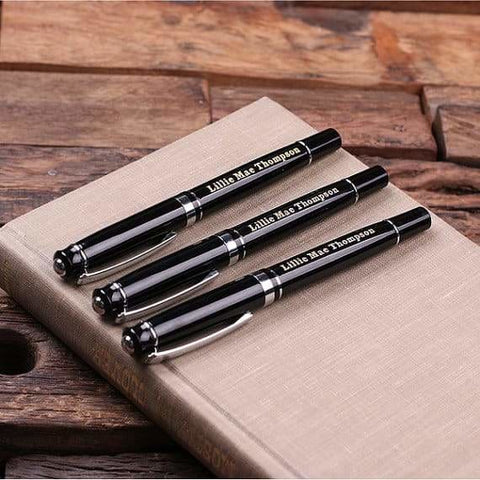 Image of Personalized Set of 3 Metal Pens Gold or Silver Hardware with Wood Gift Box - Silver - Writing - Pens