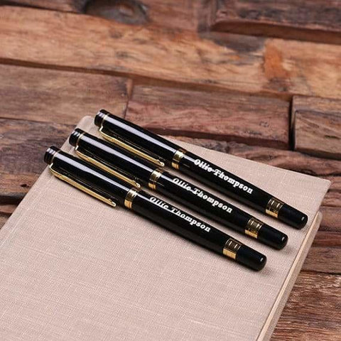 Image of Personalized Set of 3 Metal Pens Gold or Silver Hardware with Wood Gift Box - Gold - Writing - Pens