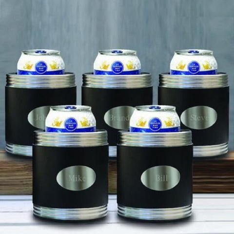 Image of Personalized Set of 5 Black Leather Can Coolers for Groomsmen Gifts - Bar Accessories