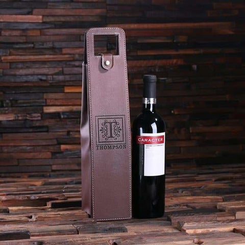Image of Personalized Single Bottle Wine Holder/Pouch Brown Leather - Assorted - Beer & Wine