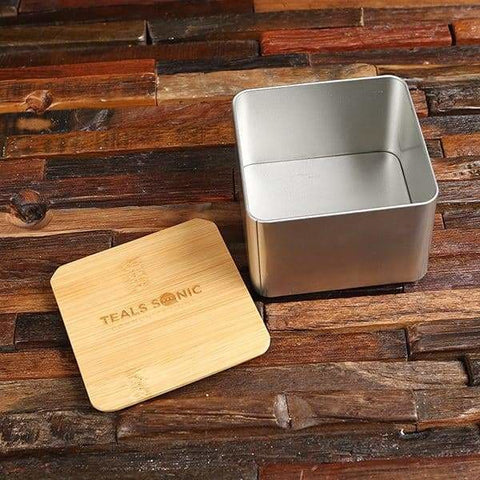 Image of Personalized Snack Tin with Bamboo Lid Promotional Product - Desktop Stationery