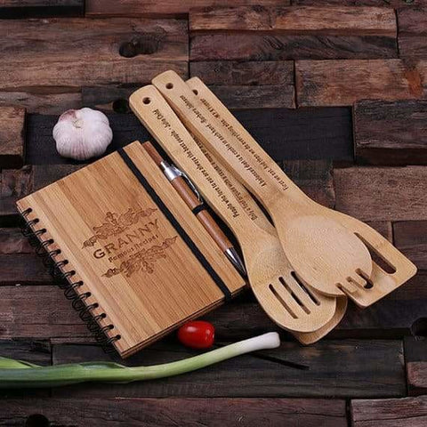 Image of Personalized Spiral Bamboo Notebook Pen and 4 Kitchen Utensils - Journal Gift Sets