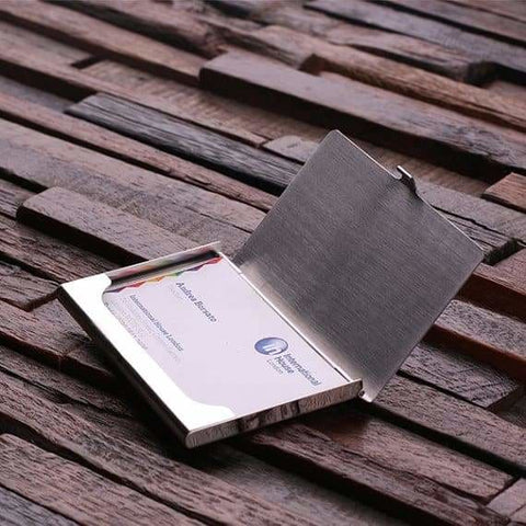Image of Personalized Stainless Steel Business Card Holder Heart Design with Wood Gift Box - Cardholders