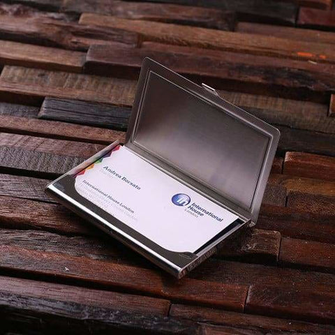 Image of Personalized Stainless Steel Business Card Holder with Wood Gift Box - Cardholders