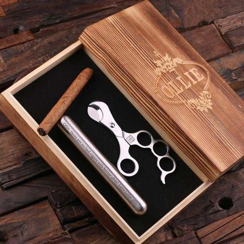 Image of Personalized Stainless Steel Cigar Holder Cutters and Wood Gift Box - Cigar & Smoking Gifts
