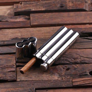 Personalized Stainless Steel Cigar Holder with Whiskey Flask and Cutters - Cigar & Smoking Gifts