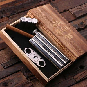 Personalized Stainless Steel Cigar Holder with Whiskey Flask Cutters and Wood Gift Box - Cigar & Smoking Gifts