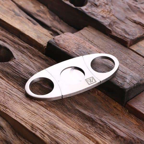 Image of Personalized Stainless Steel Cigar Holder with Whiskey Flask Cutters and Wood Gift Box - Cigar & Smoking Gifts