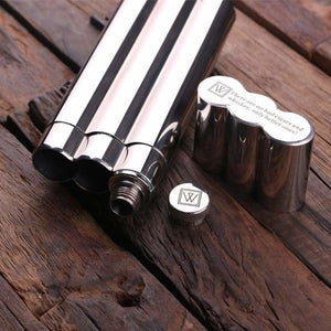 Personalized Stainless Steel Cigar Holder with Whiskey Flask Cutters and Wood Gift Box - Cigar & Smoking Gifts