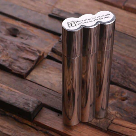 Image of Personalized Stainless Steel Cigar Holder with Whiskey Flask with Wood Box - Cigar & Smoking Gifts