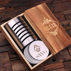 Personalized Stainless Steel Coasters with Wood Gift Box - Coasters & Gift Box