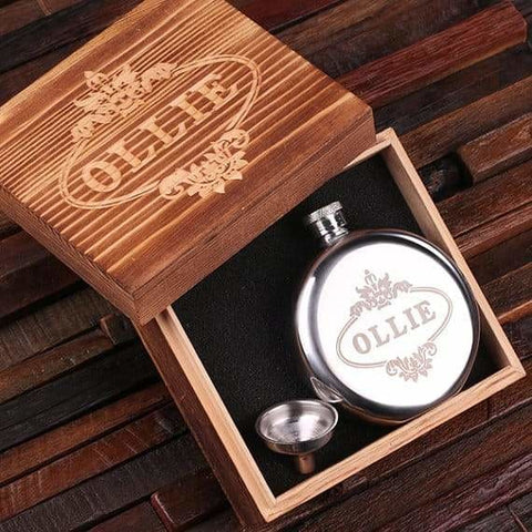 Image of Personalized Stainless Steel Flask 5 oz. Round with Wood Box - Flask Gift Sets