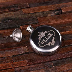 Personalized Stainless Steel Flask 5 oz. Round with Wood Box - Flask Gift Sets