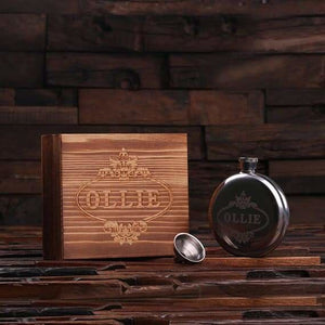 Personalized Stainless Steel Flask 5 oz. Round with Wood Box - Flask Gift Sets