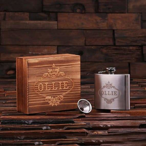 Image of Personalized Stainless Steel Flask 5 oz. with Wood Box - Flask Gift Sets