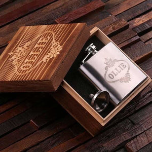 Personalized Stainless Steel Flask 5 oz. with Wood Box - Flask Gift Sets