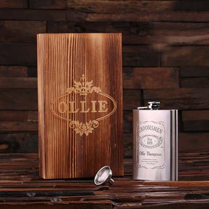Personalized Stainless Steel Flask 8 oz. with Wood Box - Flask Gift Sets
