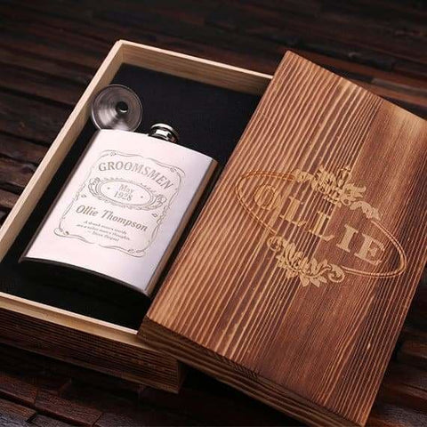 Image of Personalized Stainless Steel Flask 8 oz. with Wood Box - Flask Gift Sets