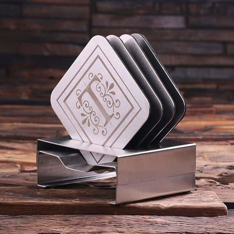 Image of Personalized Stainless Steel Square Coasters with Wood Gift Box - Coasters & Gift Box
