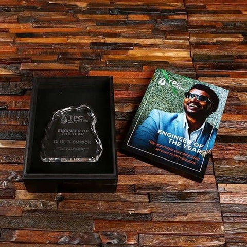 Image of Personalized Stone Cut Clear Crystal Desktop Plaque & Box - Awards