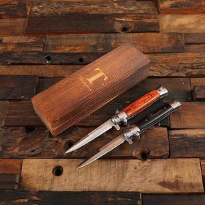 Personalized Switchblade Knife with Wood Box - Knives & Gift Box