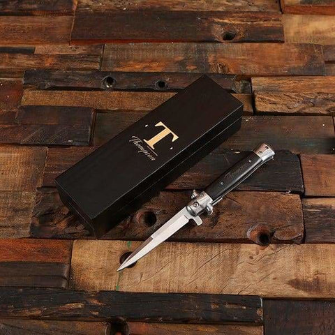 Image of Personalized Switchblade Knife with Wood Box - Black Sheen Finish / Black Ebony - Knives & Gift Box