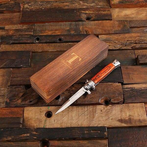 Image of Personalized Switchblade Knife with Wood Box - Brown Rustic Finish / Brown Mahogany - Knives & Gift Box