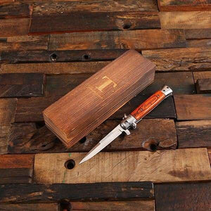 Personalized Switchblade Knife with Wood Box - Brown Rustic Finish / Brown Mahogany - Knives & Gift Box