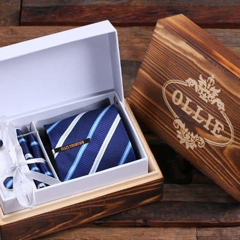 Image of Personalized Tie Clip Dark Blue Striped Tie and Wood Box Boy Friend Gift Dad Christmas Groomsmen Mens Gift - Tie Gift Sets