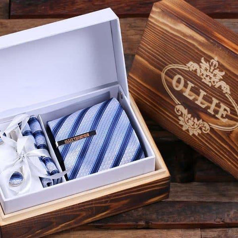 Image of Personalized Tie Clip Light Blue Striped Tie and Wood Box Boy Friend Gift Dad Christmas Groomsmen Mens Gift - Tie Gift Sets