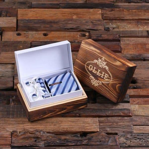 Image of Personalized Tie Clip Light Blue Striped Tie and Wood Box Boy Friend Gift Dad Christmas Groomsmen Mens Gift - Tie Gift Sets