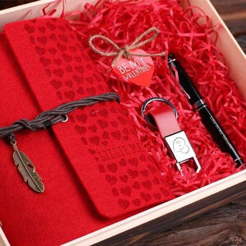 Image of Personalized Valentines Day 4pc Gift Set Journal Pen & Key Chain with Wood Gift Box - Assorted - Valentines