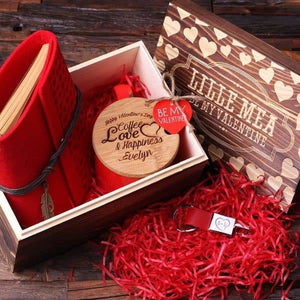 Personalized Valentines Day 4pc Gift Set with Mug Journal Key Chain & Wood Gift Box - Assorted - Valentines